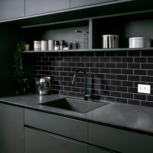 10- Sheet Polished Black Peel and Stick Backsplash, 12’’Luxury Ceramic Look Self Stick Subway Tiles, Waterproof Peel and Stick Wall Tiles for Kitchen and Bathrrom - color: Black