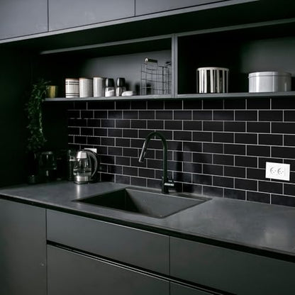 10- Sheet Polished Black Peel and Stick Backsplash, 12’’Luxury Ceramic Look Self Stick Subway Tiles, Waterproof Peel and Stick Wall Tiles for Kitchen and Bathrrom - color: Black
