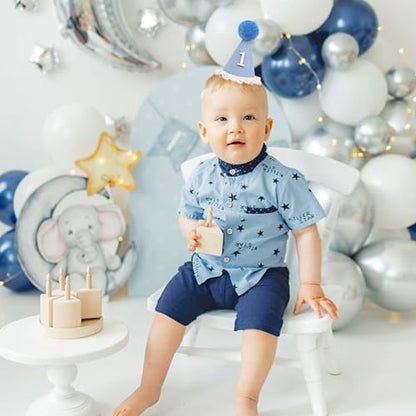 WAOUH Boho 1st Birthday Crown - Unisex Adjustable Baby Hat with Pom Topper, Felt Party Decoration & Photo Props - color: Light Blue