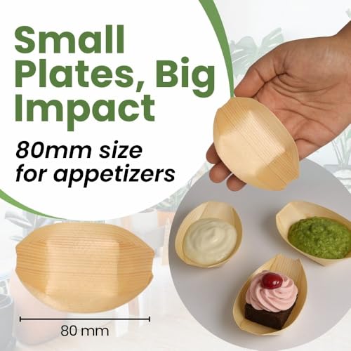Dtocs Disposable Wooden Boat Plates 100 Pc – 80 mm Biodegradable Wood Serving Boats | Eco-Friendly Food Boats for Sushi, Desserts, Dips, Sauces | Alternate to Plastic, Bamboo, Paper Plates - size: 80mm-100 Pcs