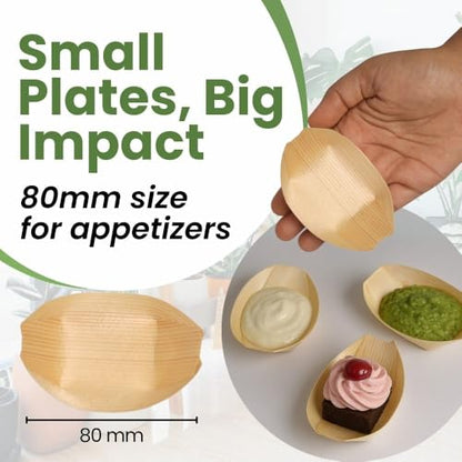 Dtocs Disposable Wooden Boat Plates 100 Pc – 80 mm Biodegradable Wood Serving Boats | Eco-Friendly Food Boats for Sushi, Desserts, Dips, Sauces | Alternate to Plastic, Bamboo, Paper Plates - size: 80mm-100 Pcs
