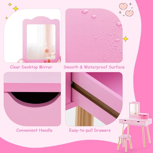 Costzon Kids Vanity Set, Girls Vanity Set with Mirror and Stool, 2 Large Drawers, Storage Shelf, Wooden Princess Makeup Dressing Table, Vanity Table and Chair Set for Toddlers (Pink) - style: Pink with Square Mirror