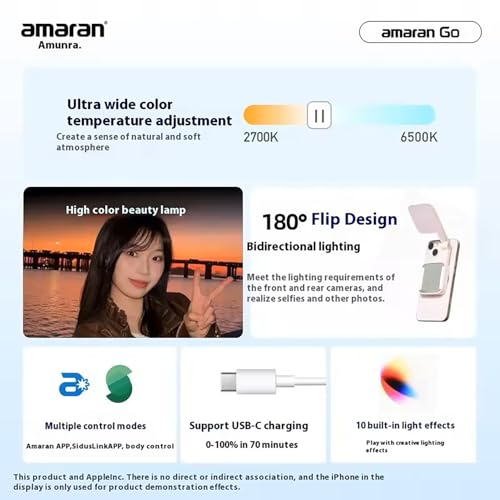 Magnetic Selfie Phone Light,Amaran Go Dual LED Light Source with Adjustable Mirror Light CCT 2700K-6500K,Rechargeable for Selfie,Makeup,Video Conference,TikTok,for iPhone & Android (Green) - color: Green