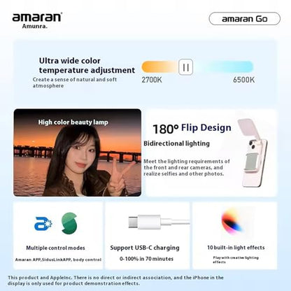 Magnetic Selfie Phone Light,Amaran Go Dual LED Light Source with Adjustable Mirror Light CCT 2700K-6500K,Rechargeable for Selfie,Makeup,Video Conference,TikTok,for iPhone & Android (Charcoal) - color: Charcoal