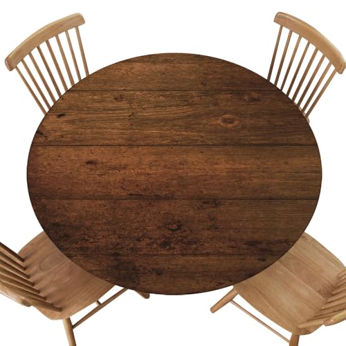 Round Fitted Tablecloth, Elastic Edge Polyester Cover, Brown Old Wood Texture Background Rustic, for Indoor Kitchen, Outdoor Picnic Tables, Fit for Diameter 56.2"-60.1" Round Table - color: Wood Texture -4, size: 60.1" (Round)