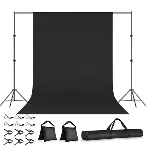 10×7FT Black Backdrop with Stand Kit, 6×9FT Black Screen Background with Photography Stand, 6 Clamps and Carrying Bag for Photo Shoot, Video Recording, Streaming, Decoration - color: Black