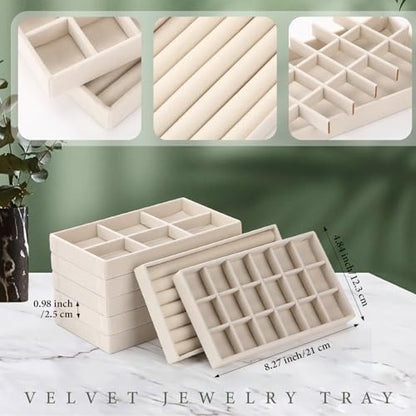 Highergo 8 Pcs Velvet Jewelry Trays Stackable Drawers Organizer Ring Earring Bracelet Necklace Storage Trays, 8.3x4.7x1''(Mixed Style) - style: Mixed Style