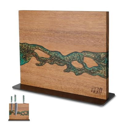 FINDKING Magnetic Knife Block, Double-Sided Knife Holder with Strong Magnets, Acacia Wood and Golden Green Resin, Countertop Kitchen Knife Storage Stand (12 × 10 Inches, Without Knives) - color: Golden Green