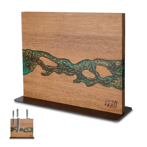 FINDKING Magnetic Knife Block, Double-Sided Knife Holder with Strong Magnets, Acacia Wood and Golden Green Resin, Countertop Kitchen Knife Storage Stand (12 × 10 Inches, Without Knives) - color: Golden Green
