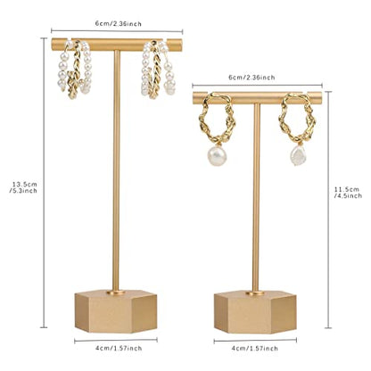 Gold Metal 2pcs T Bar Earring Retail Display Stand for show, Tabletop Jewelry Tower Holder for Girl Women【Gold-Hexagon Base 2pcs Height 4.5" and 5.3"】 - color: A3/Gold Hexagon Base 2pcs Height 4.5" and 5.3"