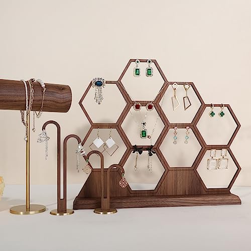 hexagonal jewelry earring display stands for selling, wooden necklace jewelry organizer hanging, walnut earring hanger dangle holder for show, home decor【Jewelry shelf-Hexagon】