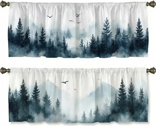 Misty Forest Curtain, Two-Pack, Mist Mountain Bird Watercolor Landscape,Applicable to Bathroom, Bedroom, 54x18 inches. - color: Misty Forest
