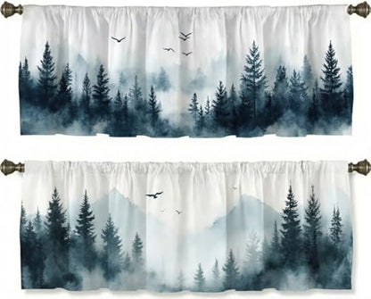 Misty Forest Curtain, Two-Pack, Mist Mountain Bird Watercolor Landscape,Applicable to Bathroom, Bedroom, 54x18 inches. - color: Misty Forest