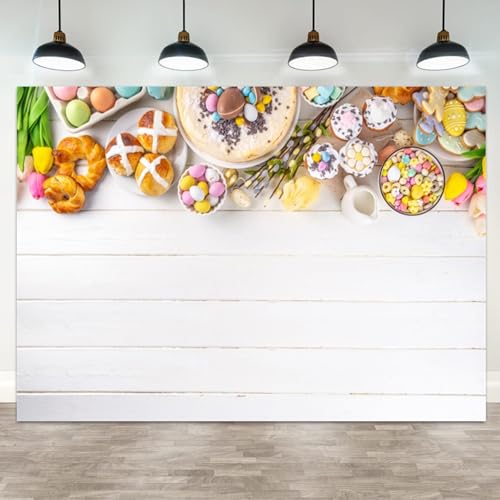 5x3ft Easter Backdrop Spring Photography Background White Wooden Surface with Pastel Eggs Tulips Hot Cross Buns Desserts Cookies for Party Photoshoot Baby Shower Decorations Banner - color: color 4, size: 5x3ft