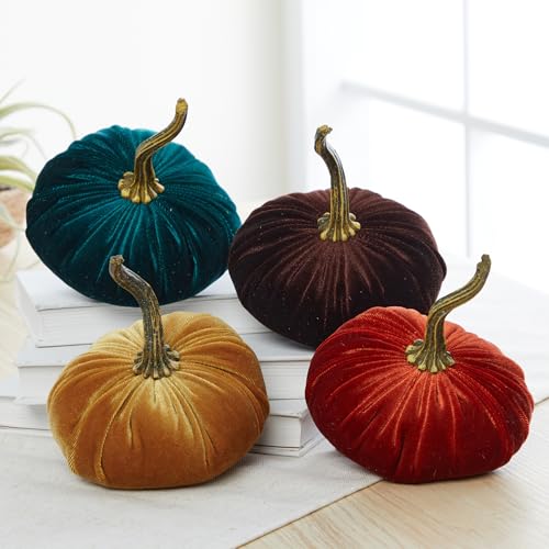 Your Heart's Content Set of 4 Small Velvet Pumpkins, Handmade Mantle Decor, Autumn Pumpkin Arrangements, Thanksgiving Centerpiece, Rustic Fall Wedding Centerpiece (Harvest, Gold, Emerald, Brown) - color: Harvest, Gold, Emerald, Brown
