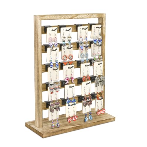 Ikee Design Wooden Jewelry Display Rack with 20 Removable Metal Hooks, Earring Card Display Holder Stand for Earring Cards, Necklaces, Bracelet, Keychain Stand, Oak Color - color: 4) Oak