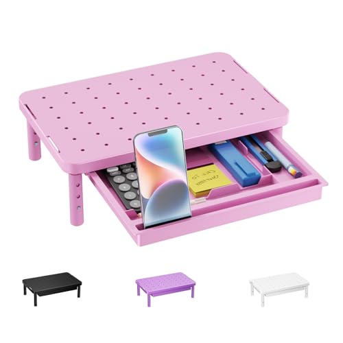 WALI Computer Monitor Stand with Storage, Desk Monitor Riser 3 Height Adjustable, Laptop Riser with Airflow Vents, Desk Organizer for Computer, Laptop, Printer (PTT002-P), 1 Pack, Pink - color: Pink, size: 14.6" * 9.3" with Drawer