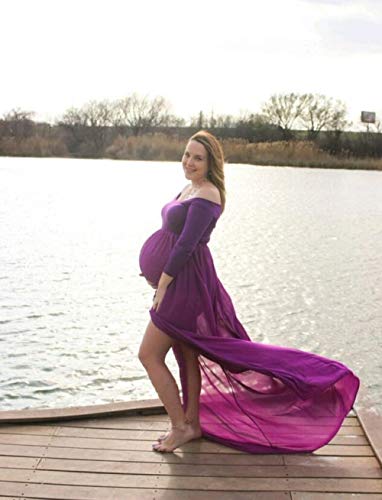 ZIUMUDY Maternity Maxi Chiffon Photography Dress Split Front Gown for Photoshoot - color: Purple