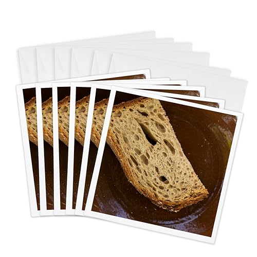3dRose Greeting Cards - Slice of fresh bread on a ceramic plate. Brown colors, Kitchen, food - 6 Pack - Alexis Photography - Food Bread - size: 6 Greeting Cards with envelopes