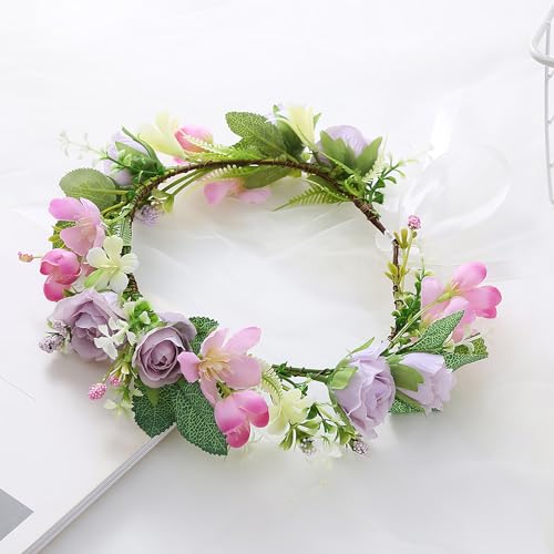 Bridal Flower Crown Adjustable Flower Headband Floral Halo Floral Crown Wedding Party Cosplay Halloween Costume - color: purple