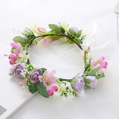Bridal Flower Crown Adjustable Flower Headband Floral Halo Floral Crown Wedding Party Cosplay Halloween Costume - color: purple