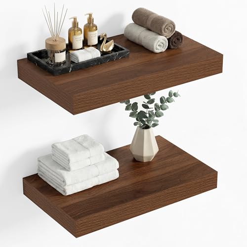 Heimlove 12 Inch Deep Floating Shelves, 16 x 12 inches Long Wall Shelf, Large Extra Display Shelf & Storage Shelf, Rustic Wood Wall Shelves for Fireplace Mantel, Walnut - 2Pack - color: Walnut, size: 16"W x 12"D x 2"H, Set of 2