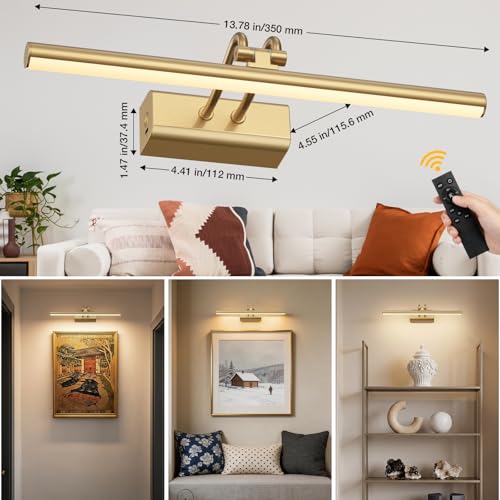 Battery Operated Wall Light for Living Room, 4000mAh Picture Light for Wall Set of 2, Remote & Touch Control, 3 Color Temps, Display for Gallery, Living Room, Bedroom(Gold) - color: Gold, size: 2Pack-13.8Inch