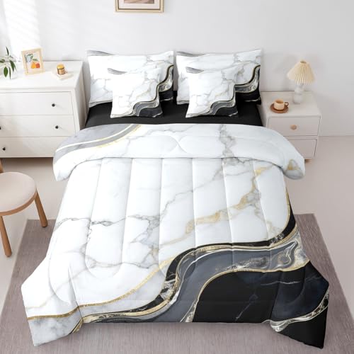Erosebridal Grey Abstract Marble Bed in A Bag Black Gold Marbling 7 Pcs Bedding Set Modern Aesthetic Metallic Texture Comforter Set with Sheets Marble Art Bed Set King Size for Adults Men Women - color: Black Golden Grey, size: King