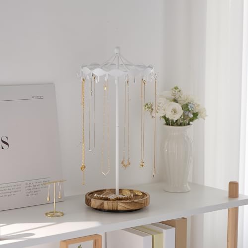 Lolalet Rotating Necklace Holder Stand with Metal Hooks, Spinning Display Carousels, Freestanding Organizer Hanger, for Long Necklaces Chains -White - color: White