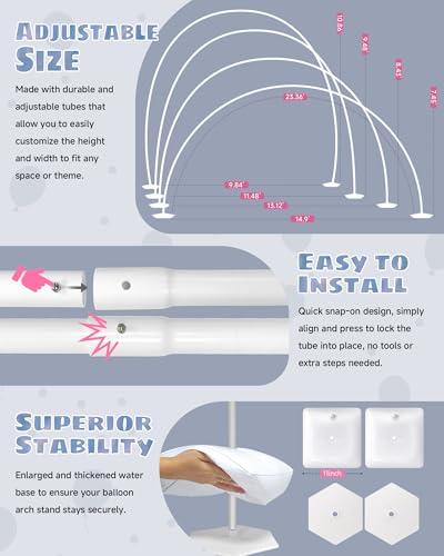 6IN1 Balloon Arch Stand Kit, 10.8ft Adjustable Balloon Column Stand with Base, Reusable Balloon Arch Kit Party Backdrop Decoration for Birthday Graduation Mother's Day Wedding Baby Shower