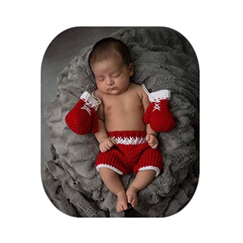 Newborn Photography Props Boys Girls Outfits Baby Photo Props Crochet Knitted Boxing Champion Gloves & Pants - color: Red