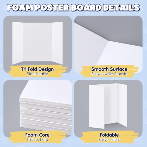 AKONEGE 3 Pack White Trifold Poster Board 24" x 16" Foam Core, Small Tri Fold Foam Poster Boards for Presentations, Science Fair Display, Photo Display, Office & School Projects, Event Exhibitions - size: 24" x 16"