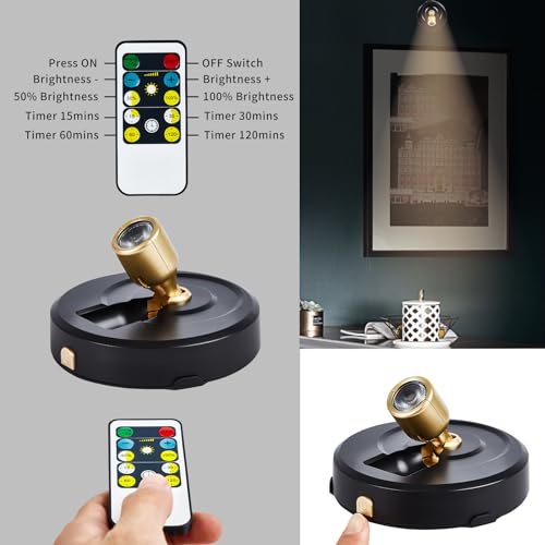 4-Pack Battery Powered LED Spotlight, Wireless Picture Lights, Uplighting Indoor, Puck Lights with Remote, Stick Spot Lights for Wall Art Display Dartboard Painting Artwork Closet Accent - color: Black Gold, size: 4pack