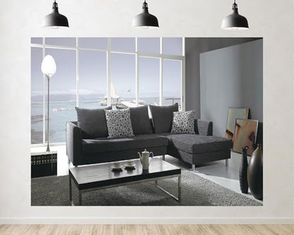 Trykid 20x10ft Modern Grey Sectional Backdrop Ocean View Coffee Table Tea Set Photography Background Contemporary Home Styling Tapestry Party Decoration Photo Studio Prop Fabric - size: 20x10ft