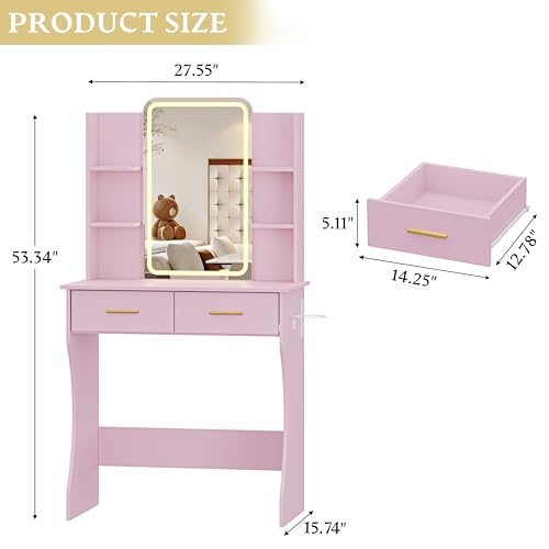 Vanity Desk with LED Lights Mirror & Power Outlet, Small Makeup Vanity Table Set with Storage Drawers, 3 Lighting Modes & Adjustable Brightness, Dressing Table for Women Girls Bedroom, Pink(NO Stool) - color: Pink, size: S-2 Drawers
