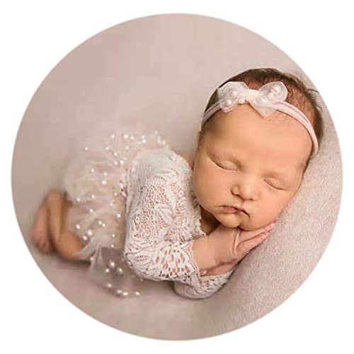 Zeroest Newborn Photography Outfits Girl Lace Romper Newborn Photography Props Rompers Baby Girls Skirt Photoshoot 3 PCS - color: White-long Sleeve
