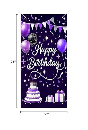 HOMETITUTE Birthday Door Cover 71x35 Inch Purple and Silver Birthday Banner for Party Decorations Cake Balloon Gift Backdrop Sign for Women Men Girls Boys Photo Booth Prop - color: Purple and Silver