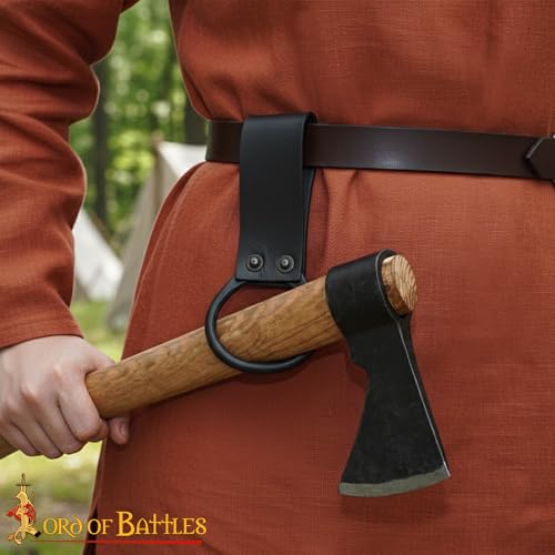 Lord of Battles Medieval Genuine Leather Axe Frog | Axe Holster with Belt Loop | Waist Holder for Axes, Tools - color: Black