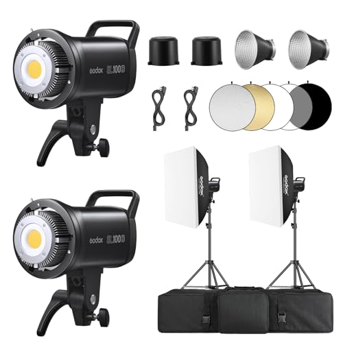 Godox 2PACK SL100D COB LED Continuous Video Light Kits Professional with 1*Carry Bag 2*Light Stand 2* Softbox 1 * 5 in 1 Reflector 1* Carry Bag Studio Lighting for Photography Studio Shooting