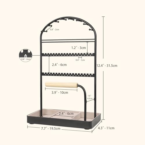 Saydear Multi-Functional Jewelry Holder Organizer Necklace Display Stand Velvet Lined Bar for Rings 2 Tier with 18 Hooks, 32 Earring Holes - Sturdy and Durable, Easy Organization Black - color: Black V1.0