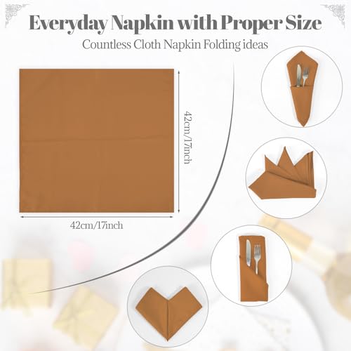 PLOYMONO Gold Brown Heavy Duty Cloth Napkins - 17 x 17 Inch Solid Washable Polyester Dinner Napkins - Set of 8 Napkins with Hemmed Edges - Great for Weddings, Parties, Banquets Dinner & More - color: Gold Brown