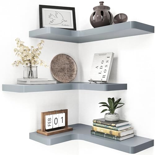 fuqing Corner Floating Shelves, Wall Shelf Set of 3, Shelves for Wall Storage, Solid Wood Shelves for Storage, Wall Mount Wooden Display Shelf for Bathroom Bedroom Kitchen Garage, Dark Grey - color: Invisible Bracket, Dark Grey