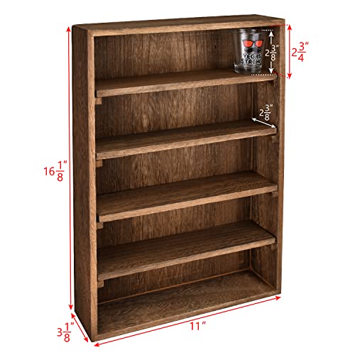 Ikee Design Wooden Wall-Mounted Display Shelves Rack for Collectibles-Figures,Shot Glasses,Spice Can,Cosmetics or Perfume-5 Adjustable Height Shelves,Space-Saving- Brown Color - color: Brown, 5 Shelves