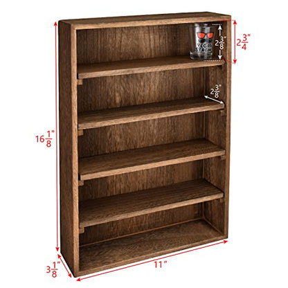 Ikee Design Wooden Wall-Mounted Display Shelves Rack for Collectibles-Figures,Shot Glasses,Spice Can,Cosmetics or Perfume-5 Adjustable Height Shelves,Space-Saving- Brown Color - color: Brown, 5 Shelves
