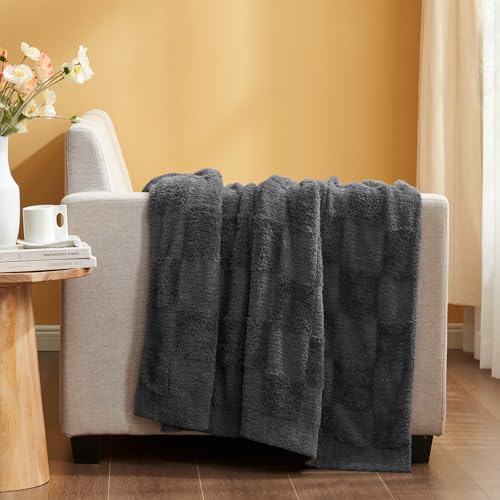 Snuggle Sac Faux Fur Checkered Blanket Twin Size with Soft Knitted Microfiber Fabric,Cozy Soft Warm Blanket for Sofa Bedroom Living Room,Solid Dark Grey,60x80 inches - color: Solid Dark Grey, size: Twin(60"x80")