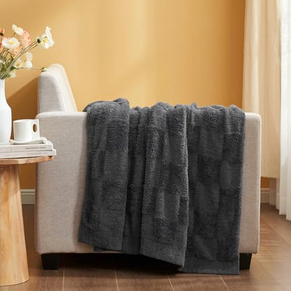 Snuggle Sac Faux Fur Checkered Blanket Twin Size with Soft Knitted Microfiber Fabric,Cozy Soft Warm Blanket for Sofa Bedroom Living Room,Solid Dark Grey,60x80 inches - color: Solid Dark Grey, size: Twin(60"x80")