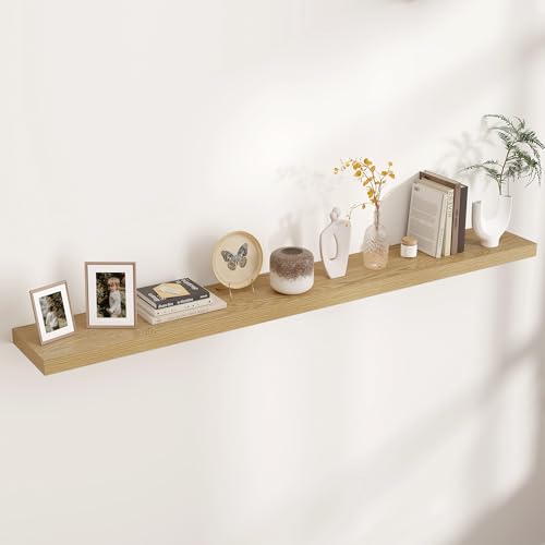 Venusmiles Floating Shelves for Wall, Engineered Wood Wall Shelves with Invisible Brackets for Living Room Bedroom Bathroom Office Kitchen Decor and Storage (Oak, 72" W x 9" D x 1.5" H) Set of 1 - color: Natural Oak, size: 72"W, Set of 1