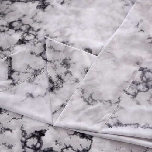 MAG Marble Bed Sheet, 4PC Black White and Gray, Queen Size Modern Pattern Printed Bedding Sheet Set with 1 Top Flat & 1 Fitted Sheet with 2 Pillowcases, 14” Deep - color: White-marble, size: Queen