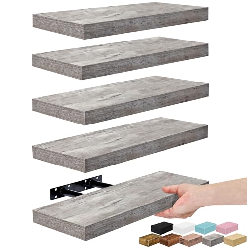 Sorbus Floating Shelves for Wall – 16 Inch Floating Shelf for Kitchen, Bedroom, Living Room, Bathroom, Home & Wall Decor - Mounted Bathroom Shelves with Invisible Brackets (Grey, 5 Pack) - color: Grey, size: 5 Pack