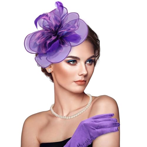 Fascinators Hats with Gloves Set for Women 20s 50s Cocktail Tea Party Wedding Costume Headwear - color: 03-purple